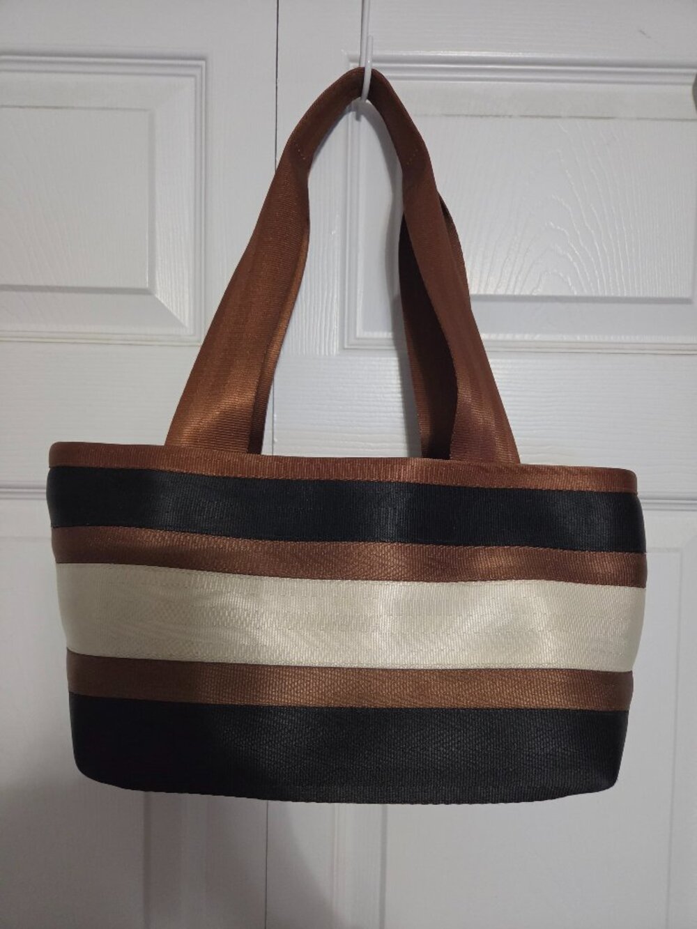 Harveys Medium Hampton Striped Seatbelt Tote Brown Black Ivory